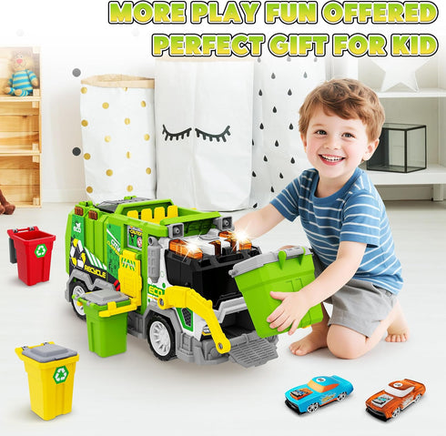 Set 2pcs 3 4 5 6 7 8 Large Friction Powered Garbage Truck Toy with Effect Sound, Ejecting Race Cars, Includes Dumpster