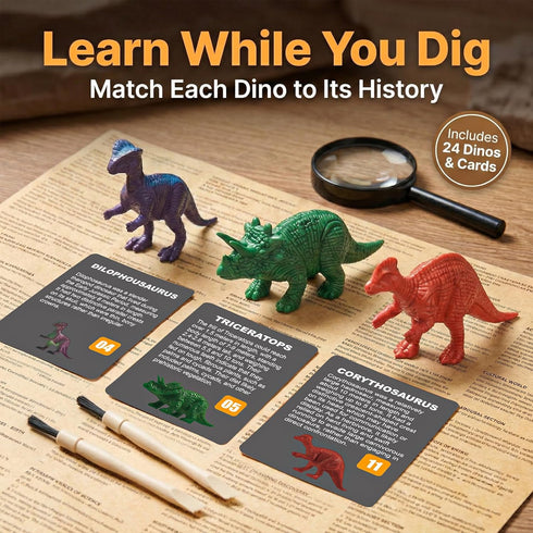 24 Pack 3+ Colorful Dinosaur Eggs Excavation Kit with Learning Cards - Dino Dig STEM Science Toy for Kids - Easter