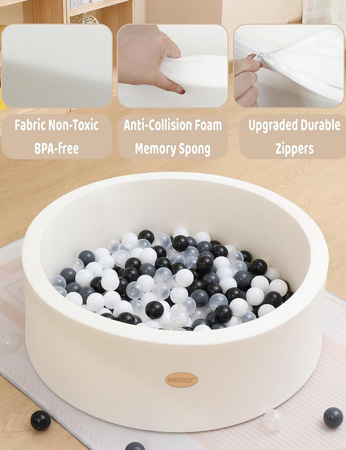 Baby Ball Pit - Soft Round Memory Foam Playpen for Indoor Outdoor Use, Balls Not Included (White)