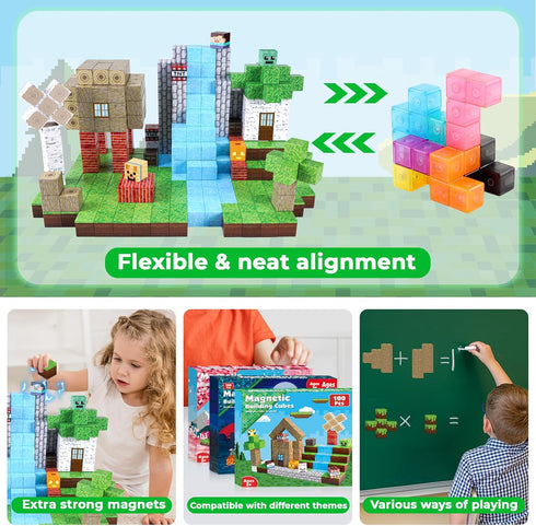 Magnetic Blocks-100PCS Magnetic Building Blocks, Stacking Magnetic Tiles, STEM Montessori Sensory Toys for Ages 3-10