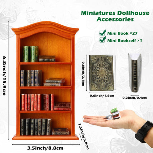 27 Pieces 1: 12 Scale Miniatures Dollhouse Books and 1 Pieces Wooden Bookcase 4 Floors Dollhouse Bookshelf Dollhouse Miniature Furniture Mini Books Model Dollhouse Decoration Accessories