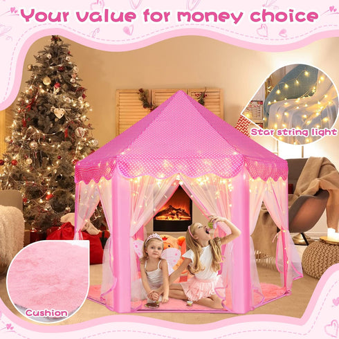 Monobeach Princess Tent - Large Playhouse Kids Castle with Star Lights for Indoor & Outdoor Games (Pink)