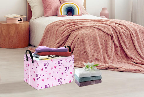 Rectangle Heart Pattern Kids Pink Storage Basket, Laundry Hamper with Handles, Baby Toys Storage Box for Boys and Girls