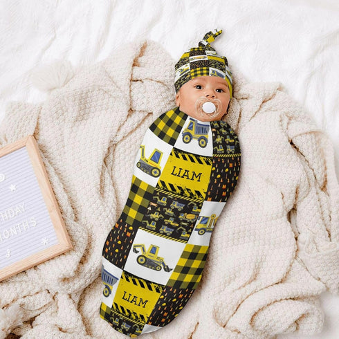 YallLocoMo Personalized Baby Swaddle Blanket for Boys Girls Construction Traffic Car Custom Name Receiving Blanket