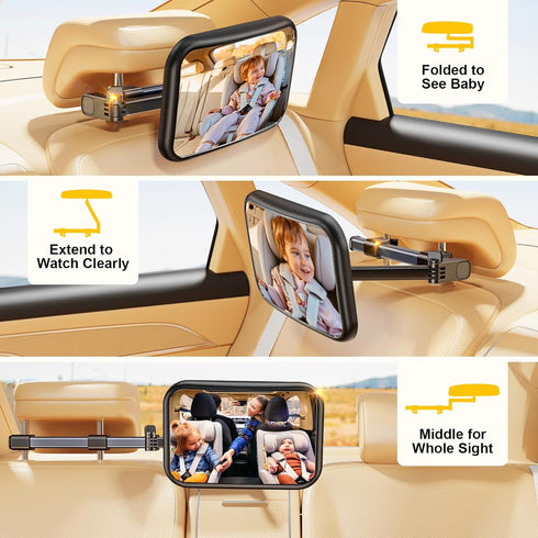 360 TAZENI Baby Car Mirror, Stretchable Caring Baby Mirror for Car Seat Rear Facing Seat Infant Shatterproof, Baby