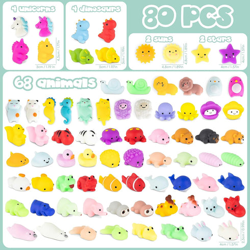 Pack 80. 3-5 4-8, BONNYCO Mochi Squishy Toys Bulk for Kids Party Favors Goodie Bags Stuffers for Kids Return Gifts