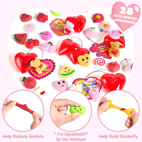 28 Packs JOYIN Valentine's Day Heart Gift Cards with Mochi Squishy Toys and Heart Shells, Stress Relief Fidget Toys