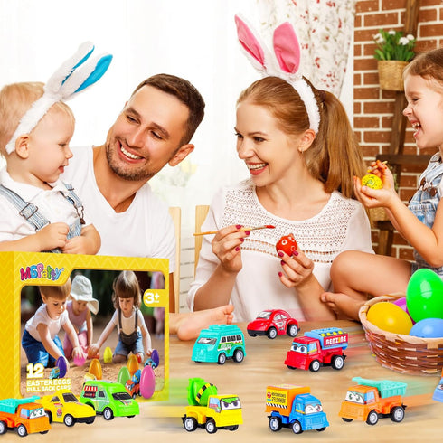 MGparty 12 Pack Prefilled Easter Eggs with Car Toys for Kids Toddlers Bulk Plastic Eggs Pull Back City Truck Vehicles