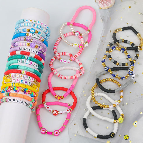 LUYI 32 Pcs Preppy Jewelry Bracelets for Women, Colorful Clay Bead Stackable Friendship Bracelets