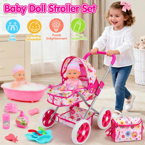Set 3-5 4-6 5-7, Playset 11" 20PCS 2 3 4 5 Baby Doll Stroller Toys for Girls Toddlers Baby Doll with Doll, Bathtub