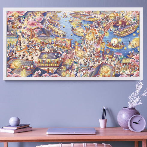 1000 MOMIBOOK Puzzles for Adults Pieces Jigsaw Puzzles of Civet Cat River View, Painting Image Chinese Cat Puzzle