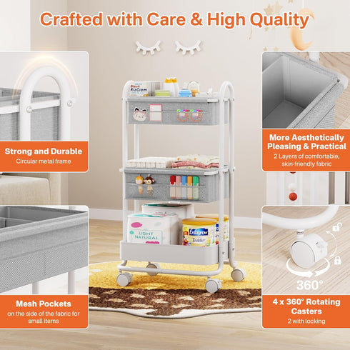 3 Modanais Baby Diaper Caddy Organizer Cart - Tier Rolling Storage Cart with Wheels, Baby Essentials for Nursery