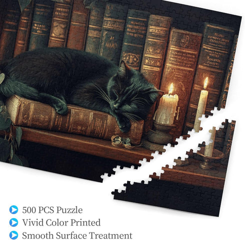 Yuwvewv 500 Piece Wooden Puzzle for Adults Black Cat Sleeping on Bookshelf in Warm Glow Wooden Puzzle for Book Lovers