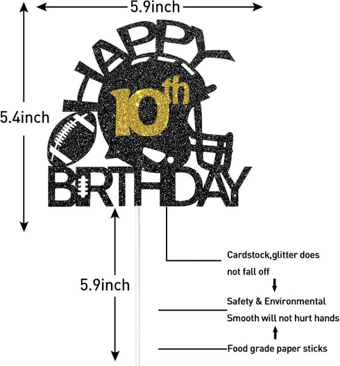 Black & Gold Glitter Football Happy 10th Birthday Cake Topper - Football Theme Party Decoration, 10th Birthday Party