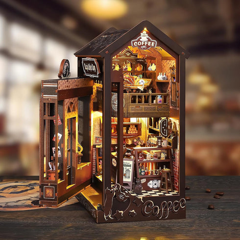 Set DIY Book Nook Kit, Miniature Dollhouse Bookshelf Insert with Light, Laser-Cut Wooden Craft for Adults, Perfect