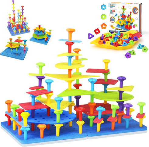 Ggiibro Peg Board Toy Set 101Pcs DIY Building Stacking Toys for Kids