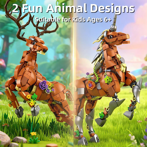 2-in-1 Set 1367 6+ MENTOJOY Magical Unicorn & Deer Building Pieces Flower Base Fantasy Animal Model, Educational stem