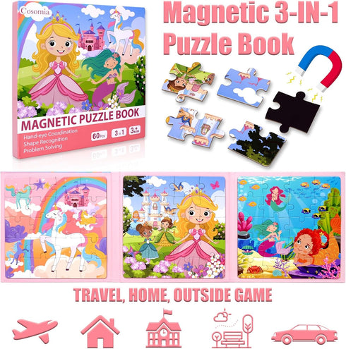 3-5, 3-in-1 4-6, Magnetic Puzzles for Kids Princess Unicorn Mermaid Travel Puzzles for Kids Ages Car Airplane Road Trip
