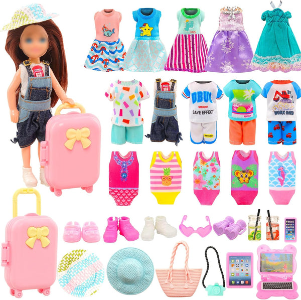 25 Pcs 5.3 Inch Doll Clothes Suitcase Accessories, 4 Dresses, 3 Tops, 3 Swimsuits, 1 Luggage, 3 Shoes, 11 Travel