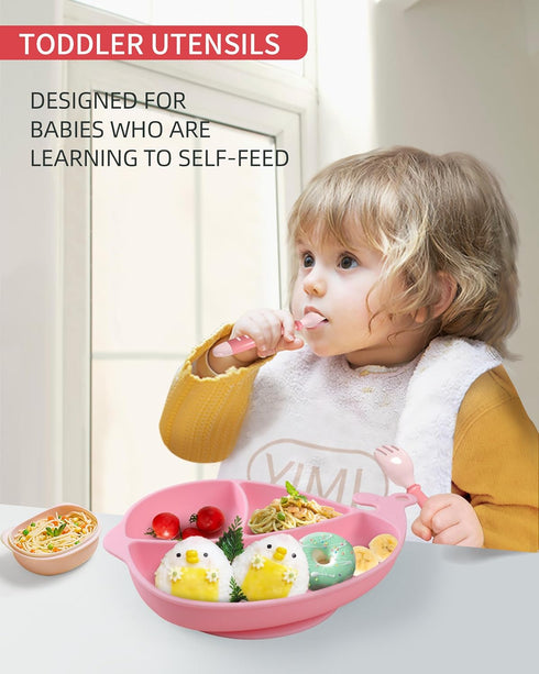 Deejoy Toddler Utensils with Travel Case, Silicone Bendable Handle Baby Spoons and Forks Set for Self Feeding (Pink)