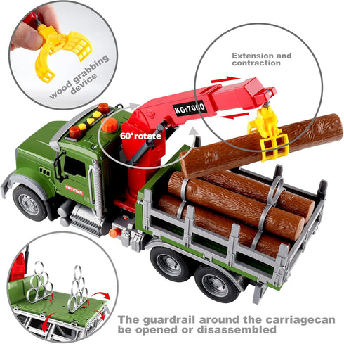Dwi Dowellin Kids Toys for 3-7 Years Old Boys, 15" Large Timber Truck with Loading Crane and 6 Trunks, Birthday Gifts