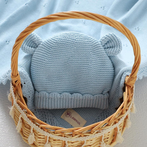 Set 100% Cozy LAWKUL Baby Blanket & Beanie Hat Organic Cotton Newborn Swaddle Beanie Soft for Infants Boy Girl Gift