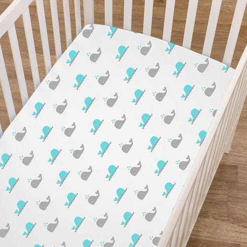 American Baby Company Fitted Crib Sheet, 28" x 52", Soft Breathable 100% Cotton Jersey Sheet, Aqua Whales for Crib and