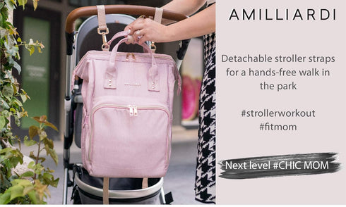 Backpack Diaper Bag Light Pink, Water- Resistant Polyester Baby Bag Detachable Stroller Straps Stylish & Spacious