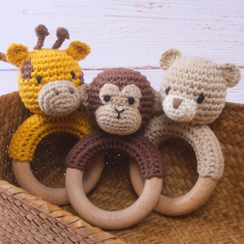 Safari Animals Wooden Baby Rattle Toys, Stuffed Crochet Rattle with Teether Ring for Newborn, Beige Bear