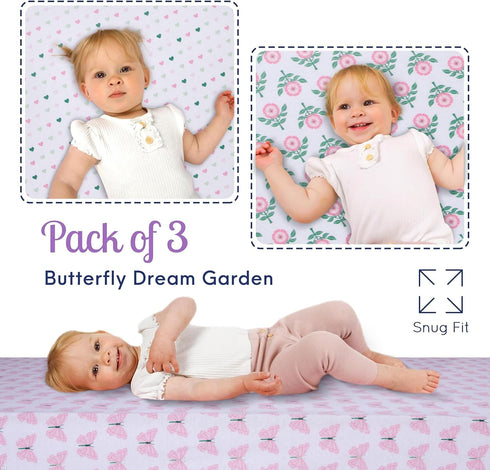 3 Pack GROW WILD Crib Sheets - Soft & Stretchy Jersey Cotton Fitted Baby Crib Sheets for Girls, Cute Toddler Bed Sheets