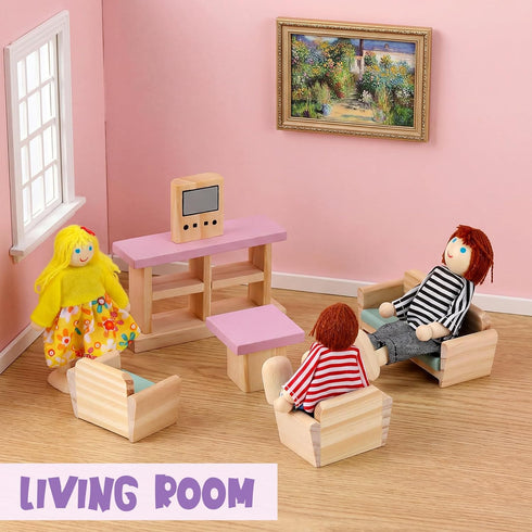35 Set 8 1:12 Sumind Pcs Wooden Dollhouse Furniture with Family Figures, Scale Miniature Dolls House Accessories