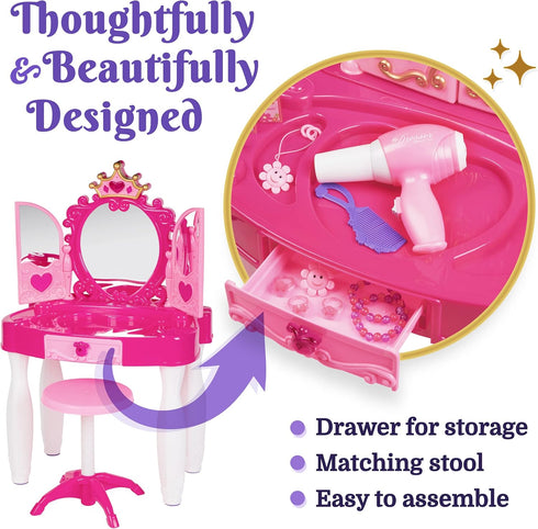 PREXTEX Kids Makeup Table with Mirror and Chair, Princess Play Set with Light and Musical Sound Effects