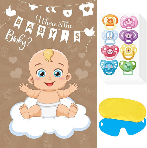 64 Pin The Pacifier On The Baby Game Baby Pacifier Games Poster with Pacifier Stickers for Baby Shower Party Favors