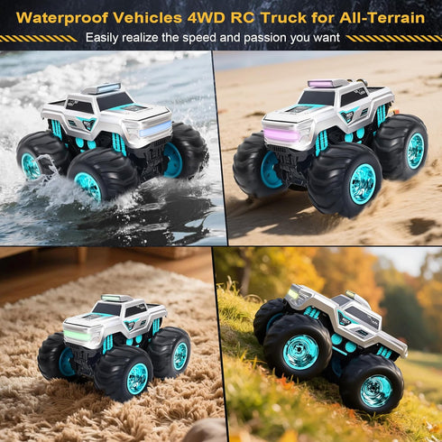 612, Waterproof Amphibious Remote Control Truck for Kids, Gyroscope Self-Balancing Monster Truck with Wheelie Stunts