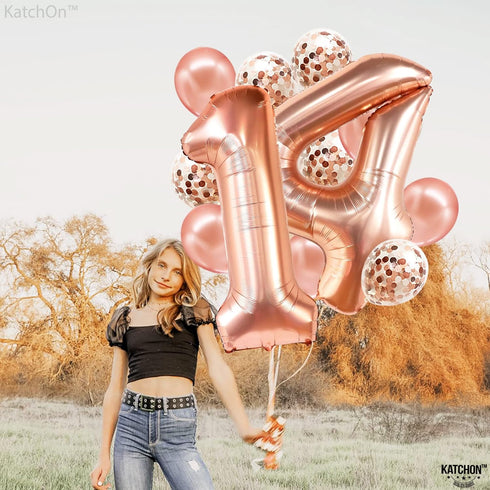 KatchOn Rose Gold 14 Balloon Numbers Set - Giant 40 Inch Foil Number Balloon for 14th Birthday Party