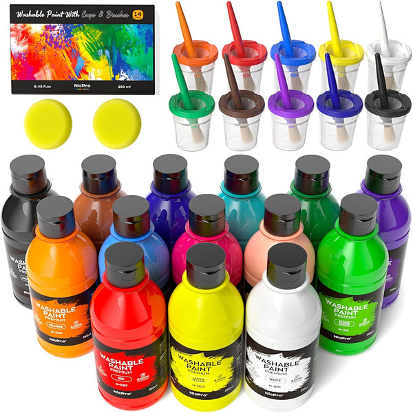 Nicpro 14 Colors Large Washable Paint for Kids 8.45oz/250ml, Non Toxic Children