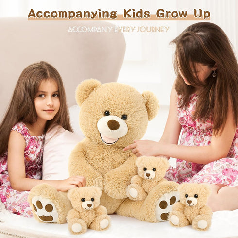 MorisMos 28 in Big Teddy Bear Stuffed Animal Mommy with 3 Baby Bears, 4 Packs Classic Brown Plush Toy Set