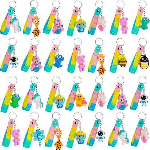 28 Pack Pop Fidget Toys Bulk Keychain for Kids, Mini Pop Its with 3D Animal Cute Keychains