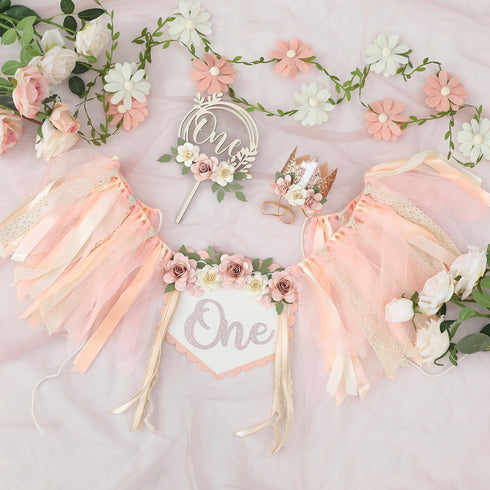1st 1st DCJHFJ Wildflower High Chair Banner Birthday Party Decorations for Girl Light Pink One Flower Cake Topper