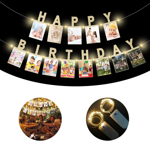 AVlovasd Birthday Photo Banner with 2 Strings of Fairy Lights for Children and