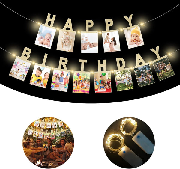 AVlovasd Birthday Photo Banner with 2 Strings of Fairy Lights for Children and