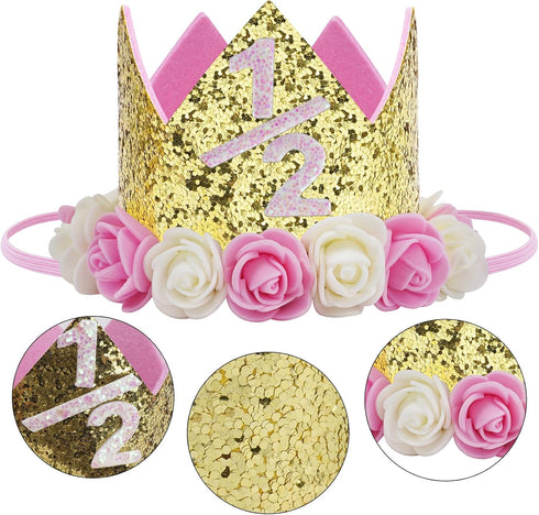 Baby Birthday Crown, Princess Tiara Girls Party Hat with Gold Glitter and Pink Roses for Decorations