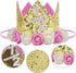 Baby Birthday Crown, Princess Tiara Girls Party Hat with Gold Glitter and Pink Roses for Decorations