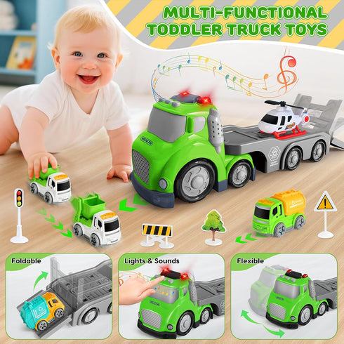 1, 2, 3, 4 Set, IJIGU Truck Toys for Toddler Year Old Boy, City Sanitation Transport Trucks Toy Ideal Christmas