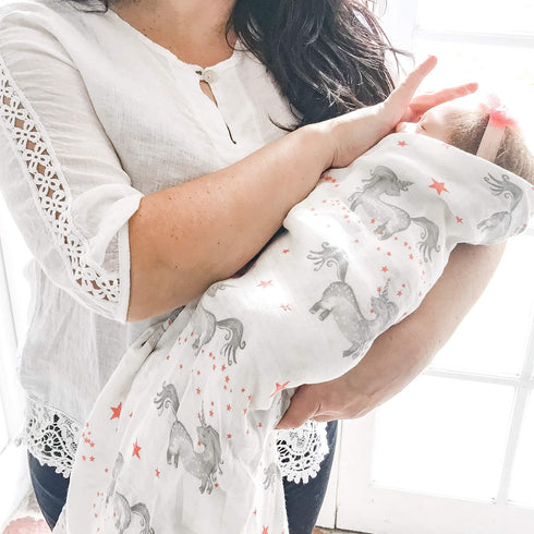 Aenne Baby Muslin Swaddle Blanket for Boys & Girls, Luxurious Wrap, Dancing Unicorns and Stars, 47"x47"