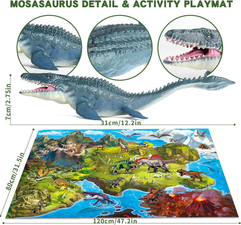 3-5 5-7 45 Oriate Dinosaur Toys w/Large Play Mat, Realistic Mosasaurus Figures Plastic Toys for Kids Including T-Rex