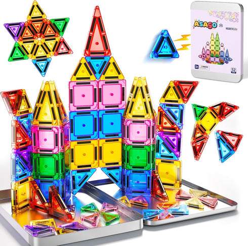 52PCS Mini Magnetic Tiles for Toddlers,Travel Magnetictile with Iron Case for Kids,Magnet