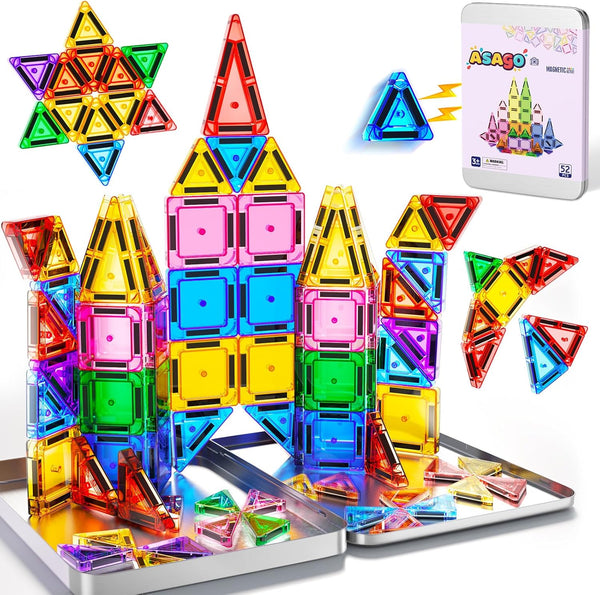 52PCS Mini Magnetic Tiles for Toddlers,Travel Magnetictile with Iron Case for Kids,Magnet