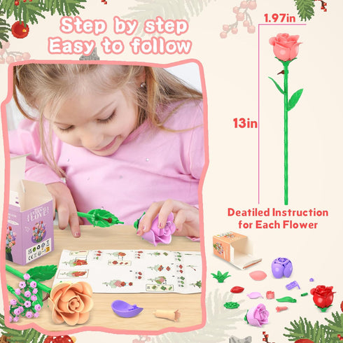 Set, 24 1380Pcs Sopu Colorful Rose Bouquet Flowers Building Boxes Artificial Flowers Botanical Collection Flowers