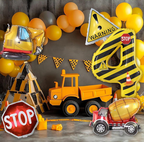 JUANBUDONG Set,Yellow 4 Balloons,4th Construction Theme Balloons and Black Striped Construction Foil Number
